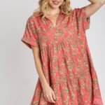 Umgee Animal Print Tiered Dress in Coral