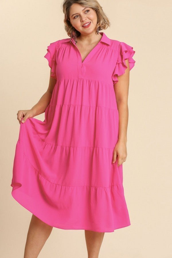 Umgee Tiered Midi Dress with Ruffled Sleeves in Hot Pink ON ORDER